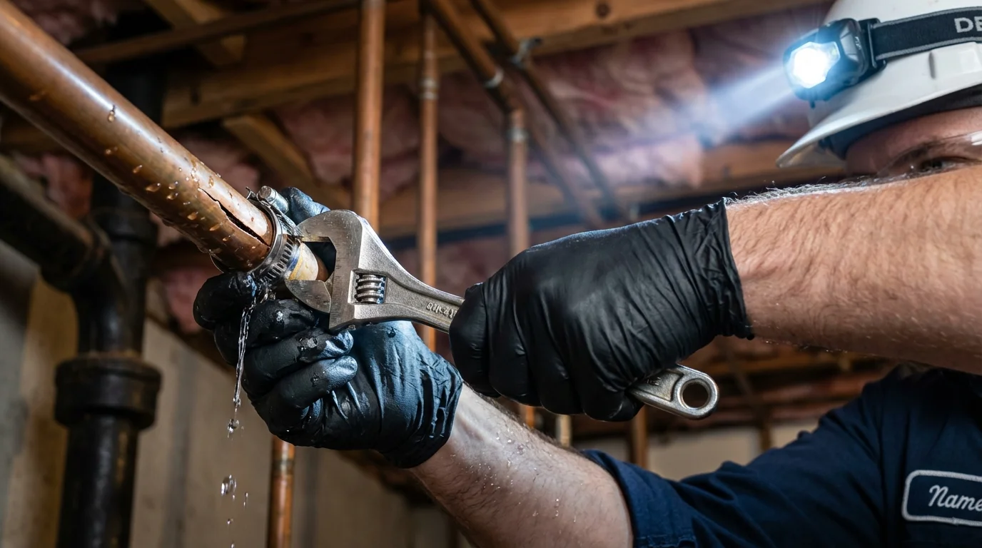 Emergency pipe clamp repair being performed by a Johns Plumbing LLC plumber in Port Byron