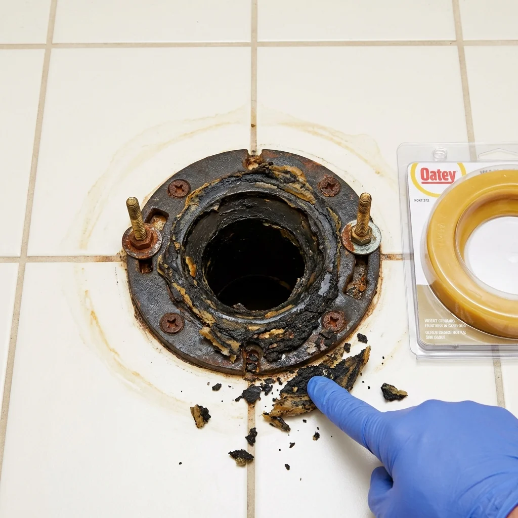 Failed wax ring showing water seepage at the base of a toilet in a Port Byron, IL home