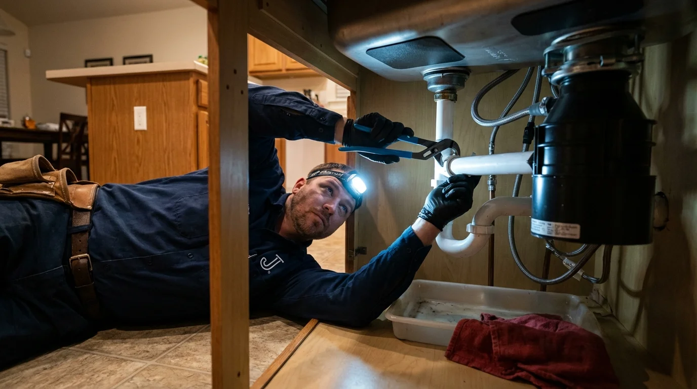 P-trap and supply line connections under a kitchen sink showing a common leak point in Port Byron, IL
